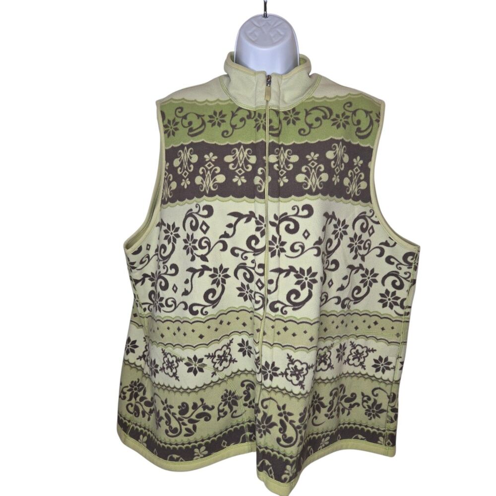 Allison Daley Women’s 2X Fleece Vest Full Zip Green Brown Floral Scroll Pattern